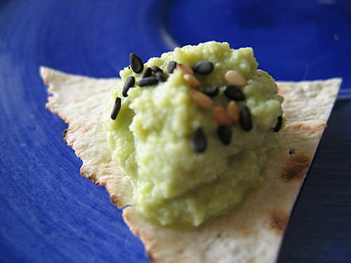 edamame hummus with toasted flatbread chips