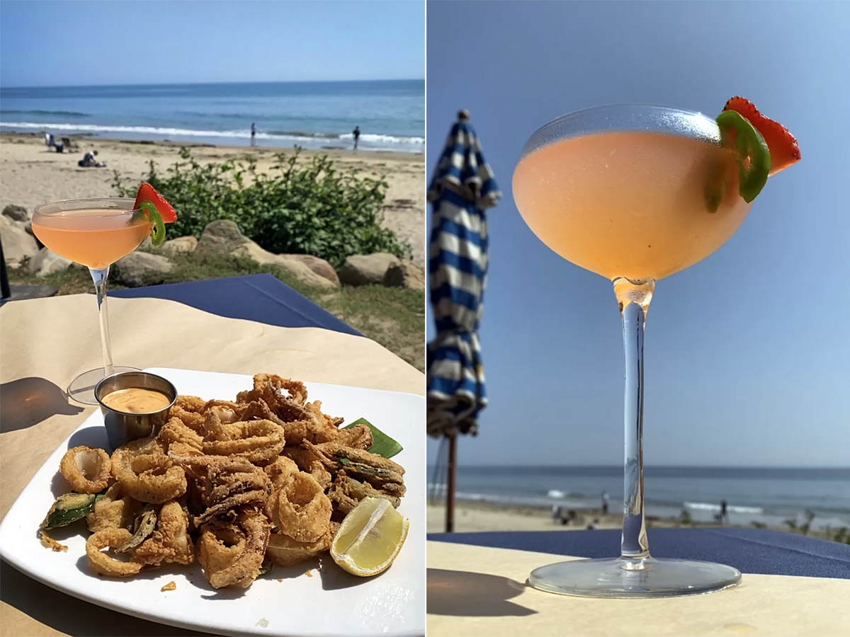 calamari, jalapeno strawberry cocktail at oceanfront table,  boat house hendrys beach santa barbara