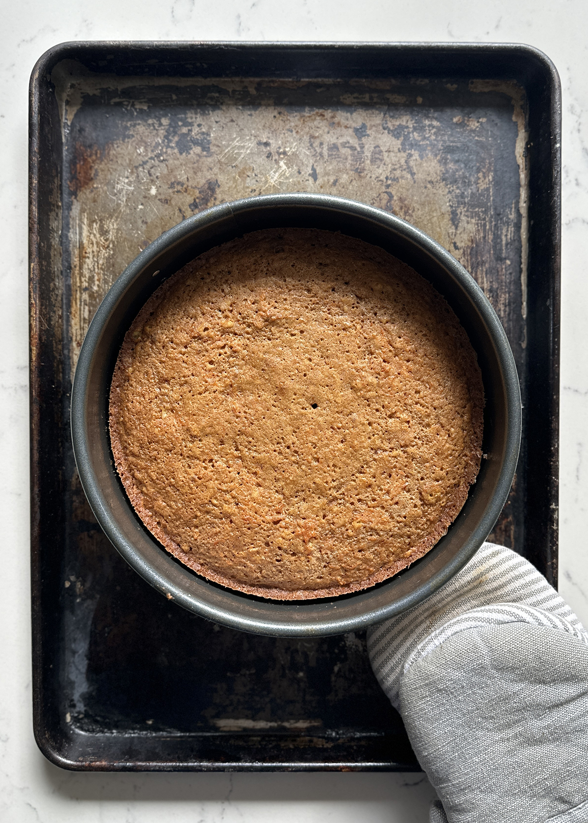 cake in 9-inch springform pan on dark baking sheet