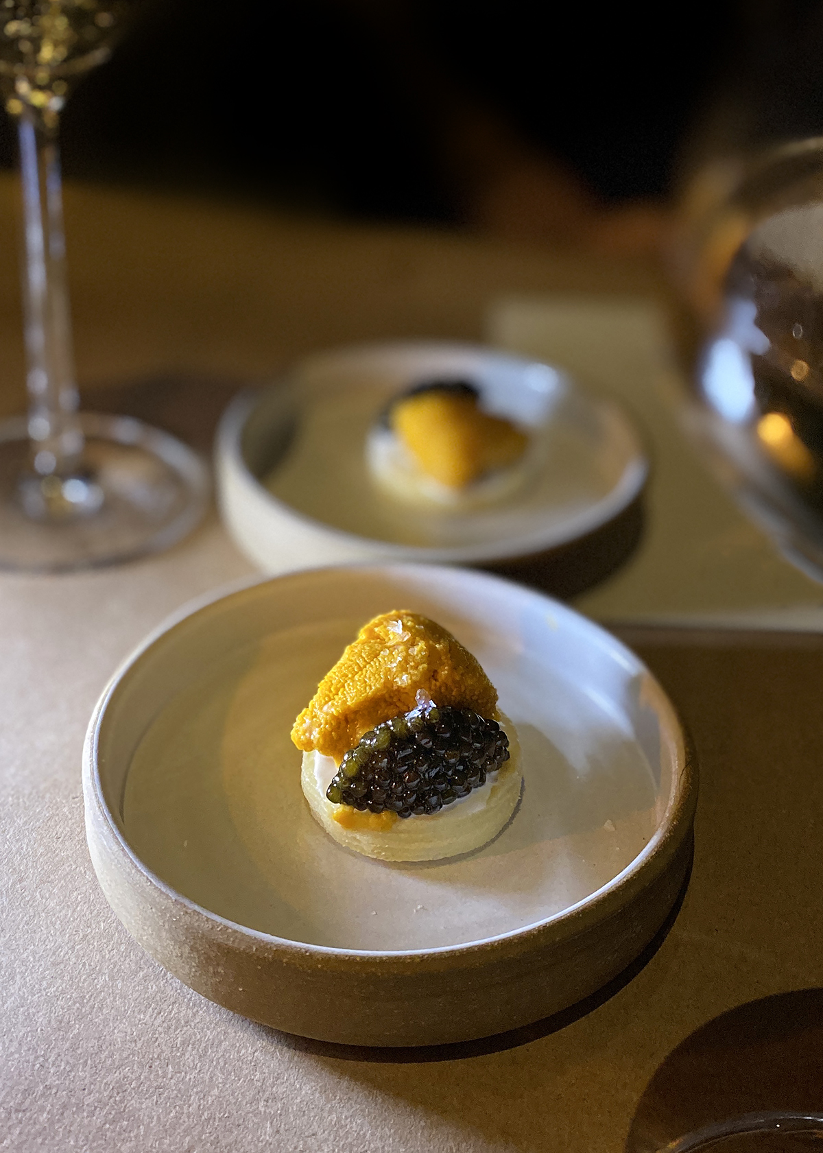 caviar uni mille feuille crepe at bell's los alamos