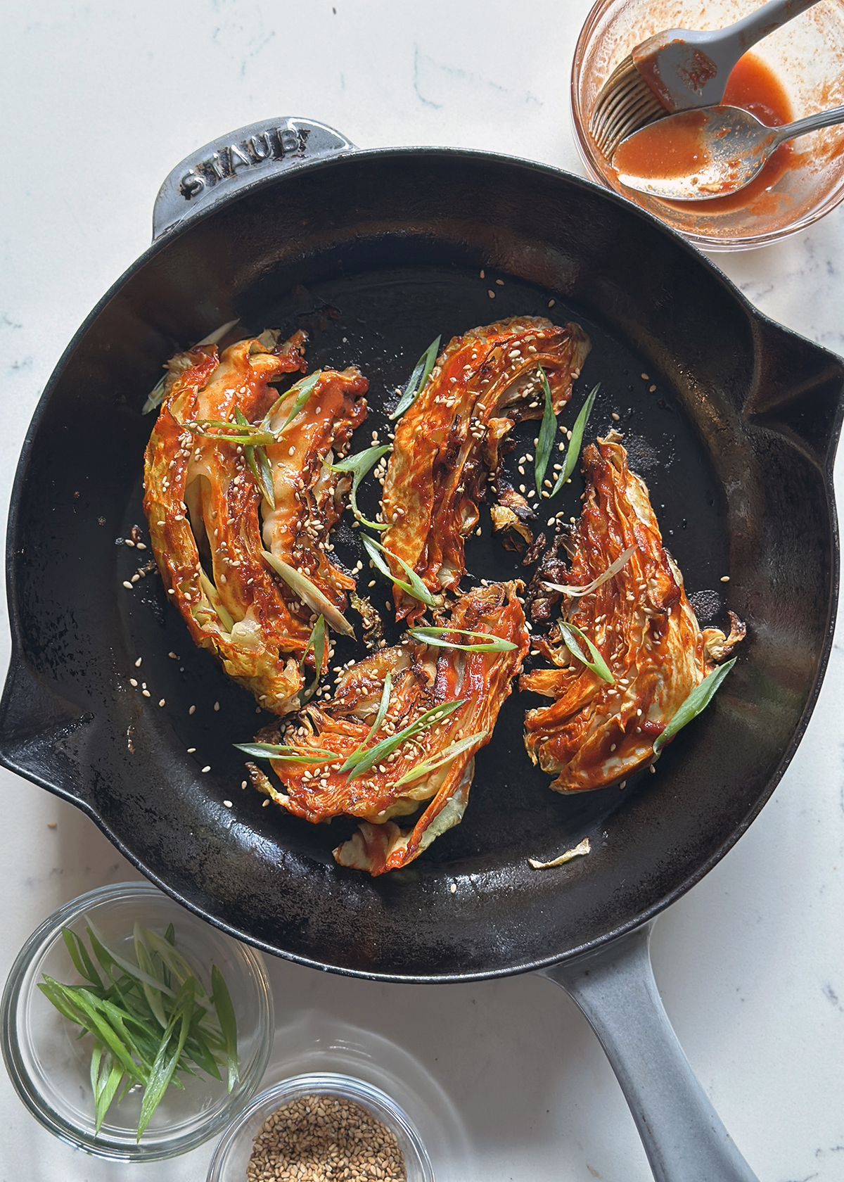 roasted cabbage in cast iron skillet