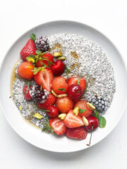 chia seed pudding with strawberries and cherries