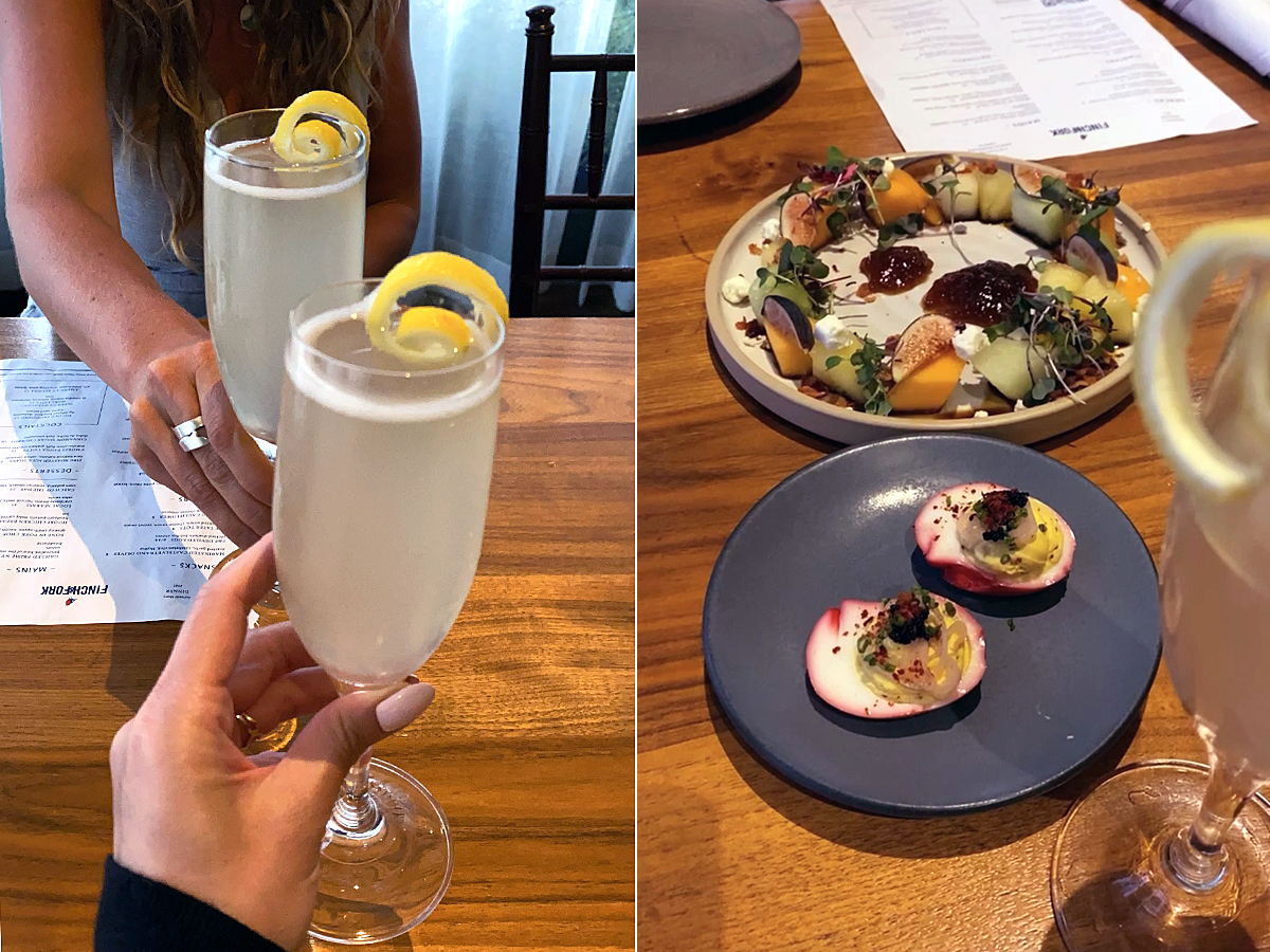 french 75 cocktails, deveiled eggs and fig salad, finch and fork, santa barbara