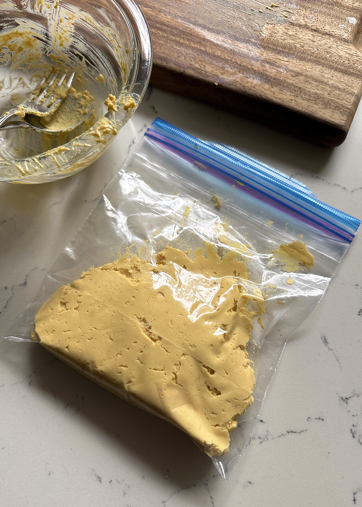 deviled egg filling in ziploc bag for storage