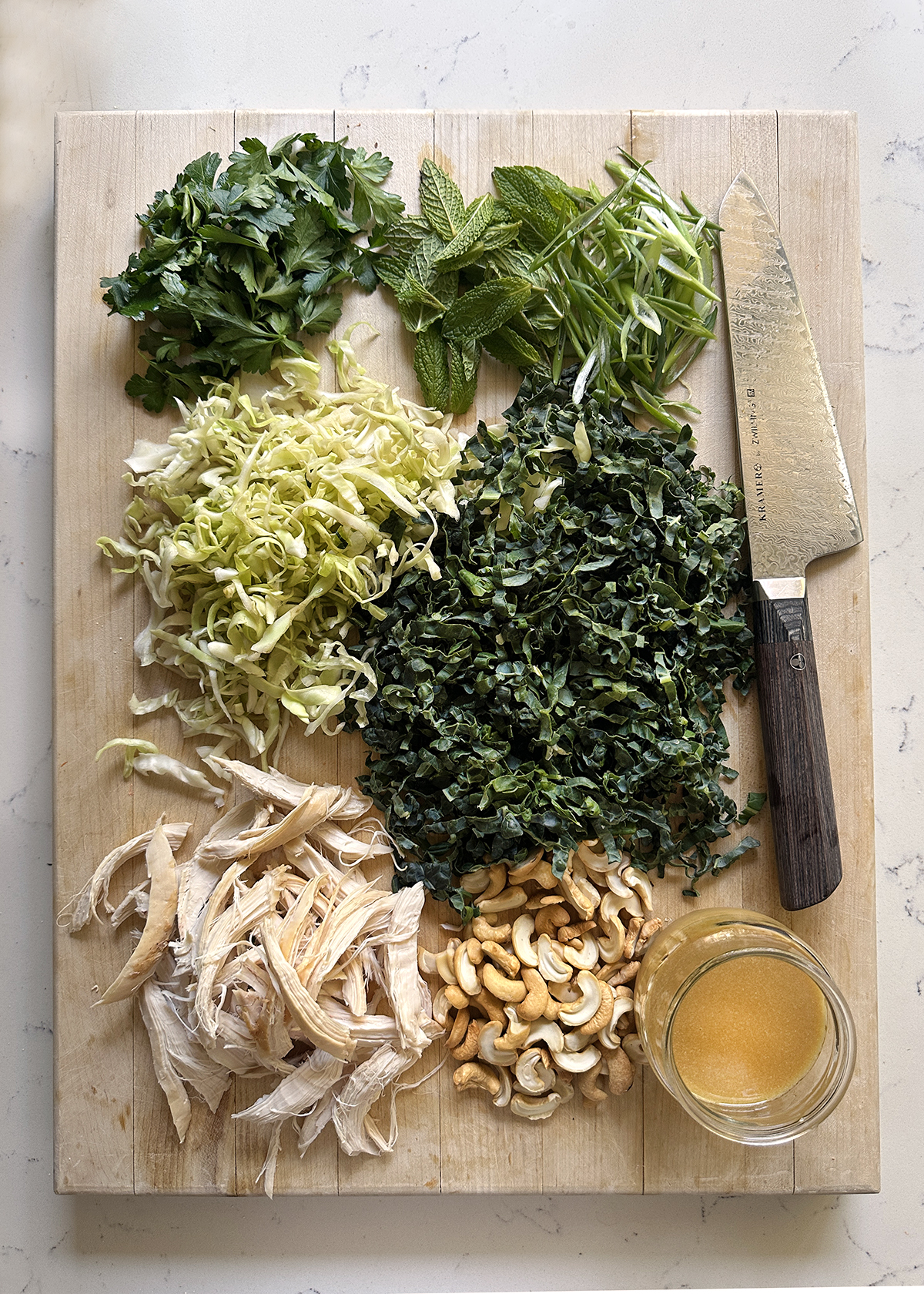 emerald kale salad ingredients, prepped