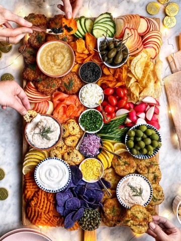 latkes and smoked salmon board for hannukah