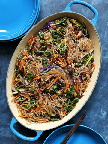 vegetarian jap chae in oval serving platter