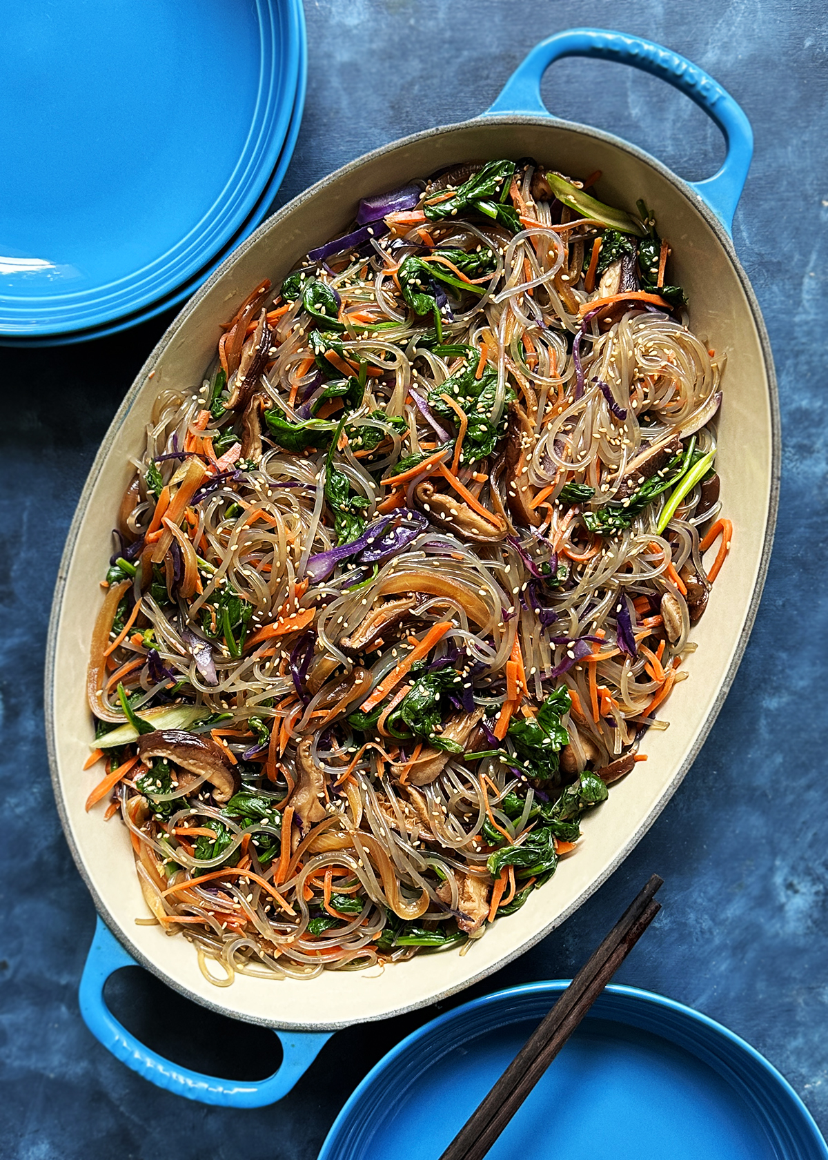 vegetarian jap chae in oval serving platter