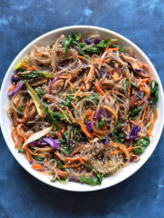 jap chae in round serving bowl