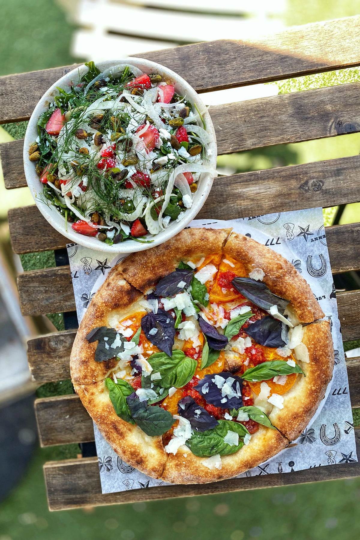 strawberry salad, farmers market pizza, lucky penny pizza, santa barbara