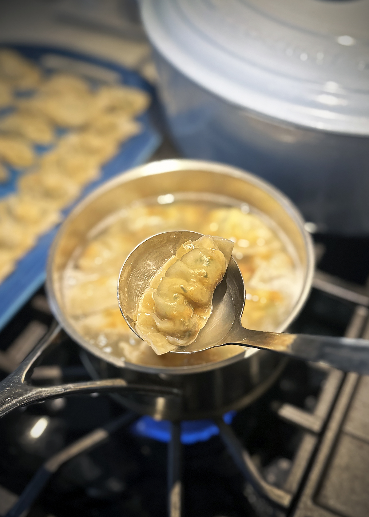 vegetarian mandu, boiled in ladle
