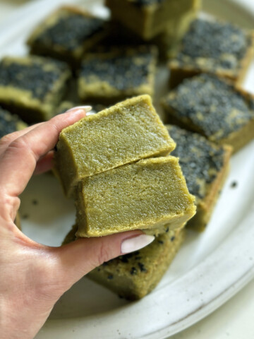 matcha butter mochi piece in hands