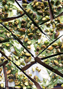 matcha dark chocolate bark with pistachios close up