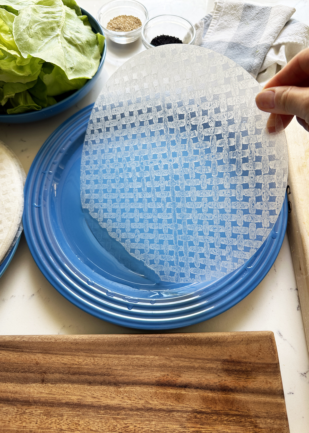 dipping rice paper in water