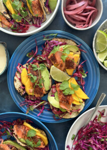salmon tacos tostada style open