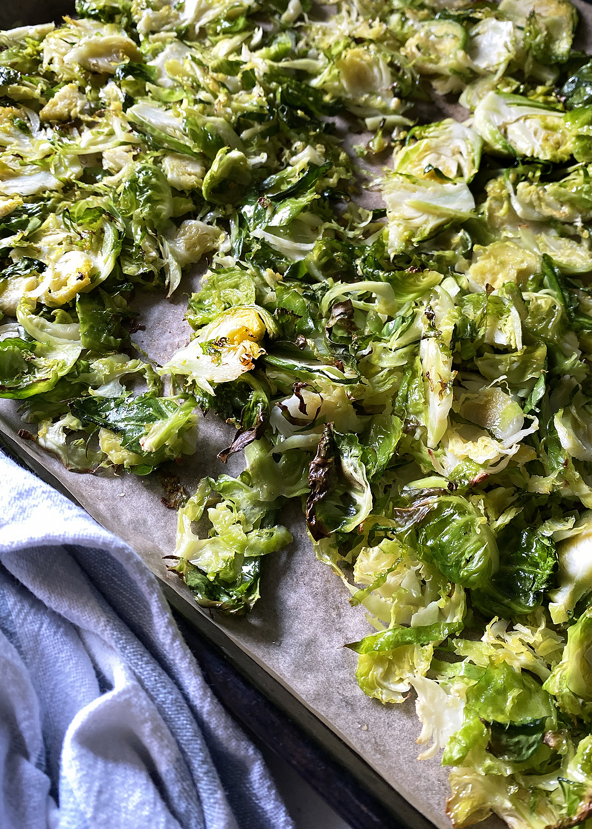 crispy shredded brussels sprouts on baking sheet
