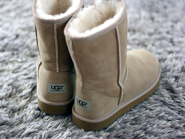 uggs, beige, on shag rug