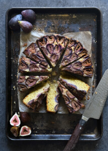 fig walnut olive oil cake, sliced on baking sheet