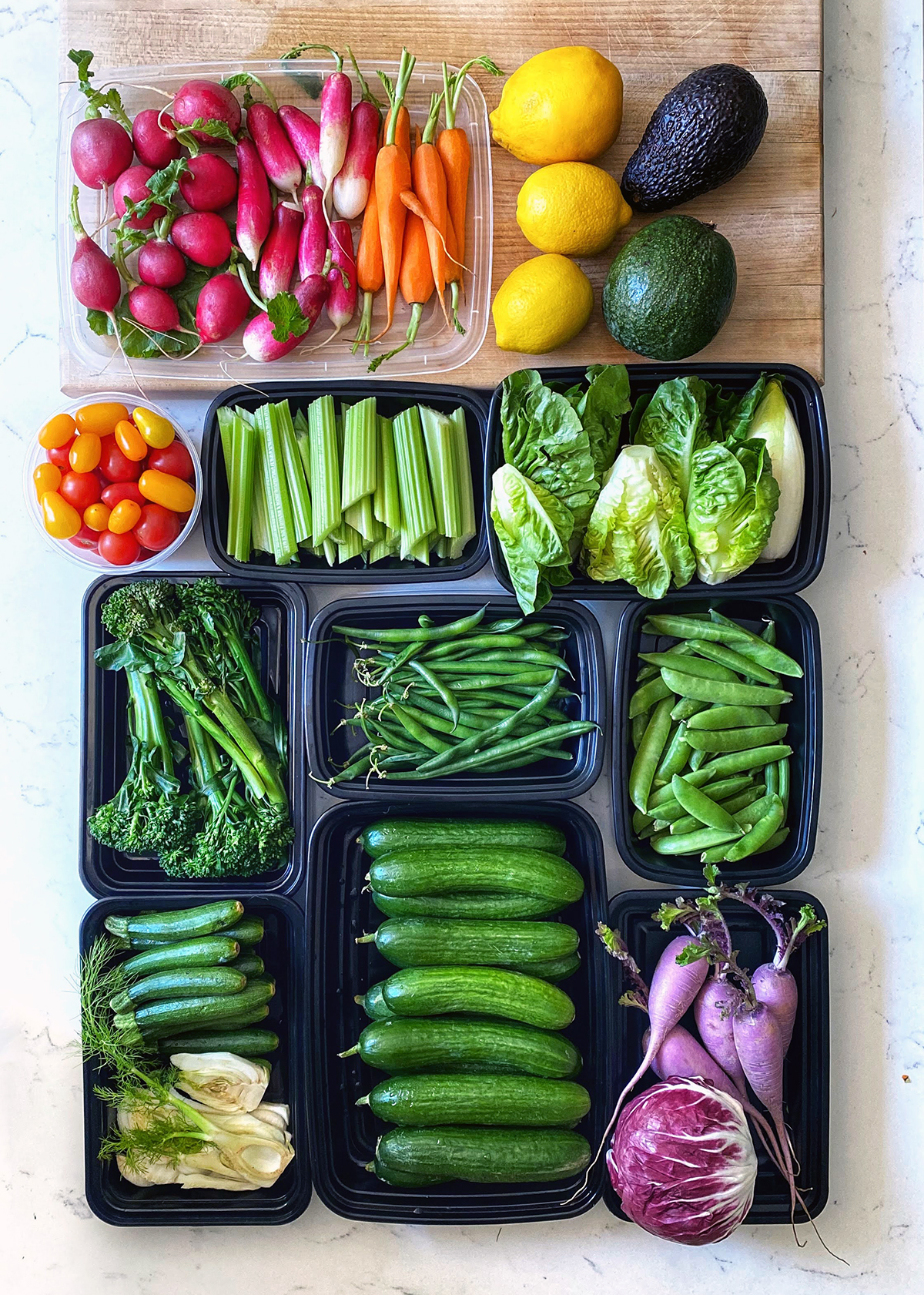 washed vegetables for crudites prep