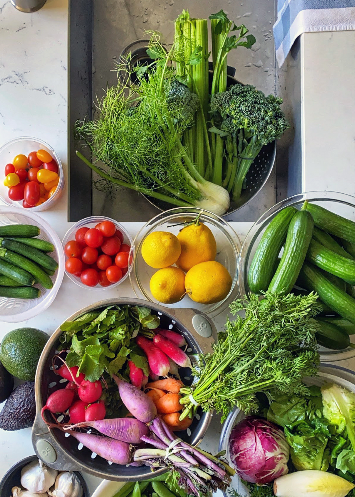 vegetables for crudites, washing in kitchen sink